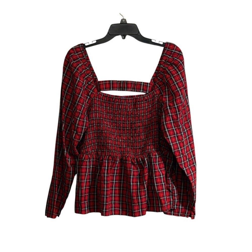 Old Navy 2XL Red Tartan Plaid Smocked Blouse Square Neck Puff Sleeve Holiday